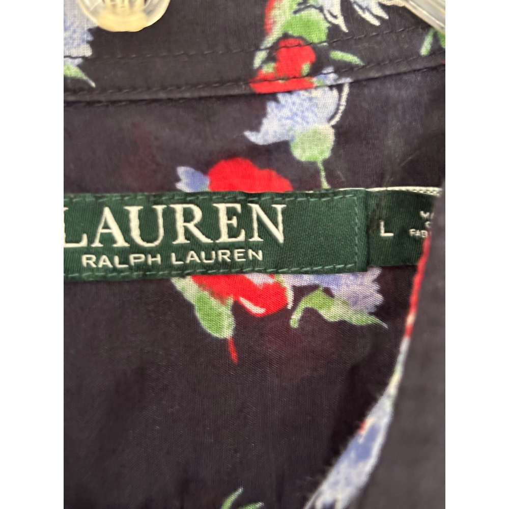 Lauren Ralph Lauren Silk Blend Floral Poppy‎ Button Down Shirt Navy Red Blue L - Picture 3 of 7